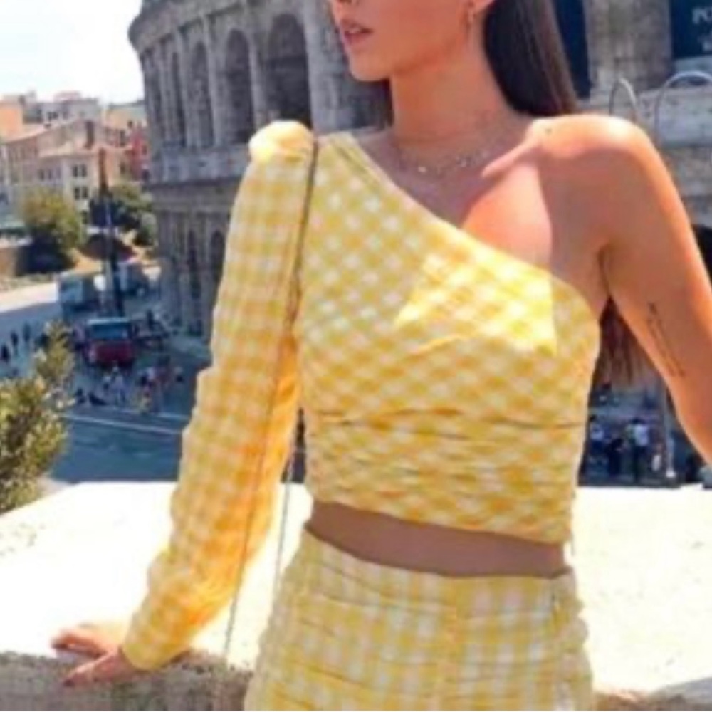 Zara Yellow Gingham One-Shoulder Cropped Top